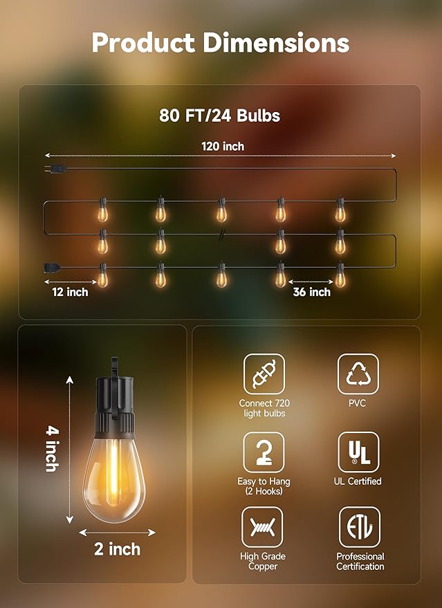 Minetom 80FT Outdoor String LED Patio Lights Waterproof, 24 Shatterproof S14 - Image 8