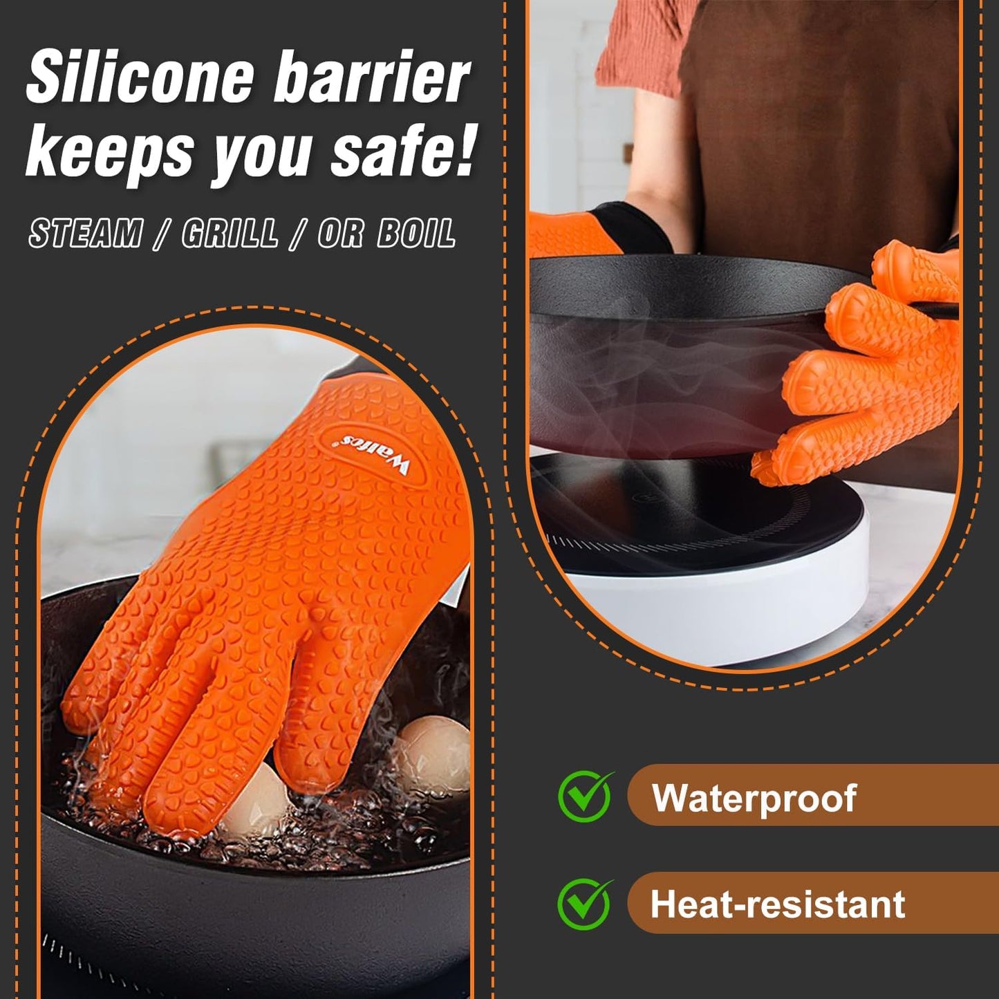 Walfos Silicone BBQ Gloves - Heat Resistant Grilling Gloves, Premium Non-Slip Kitchen Oven Mitt with Protective Cotton Layer Inside, Waterproof, Great for Grilling, Kitchen and Cooking, Orange