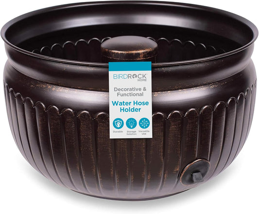 BIRDROCK HOME Water Hose Holder - Decorative Metal Pot, Indoor or Outdoor, Garden Storage Organizer, Patio Portable Bucket - Distressed Bronze, Holds up to 100ft Hoses, Medium No Lid