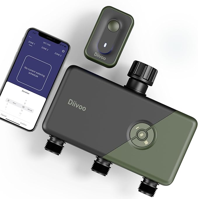 Diivoo WiFi Sprinkler Timer 3 Zone, Smart Water Hose Timer Compatible with Alexa and Google, Remote Control Irrigation Timer, Automatic Manual Watering, Rain Delay, for Garden, Yards and Lawns