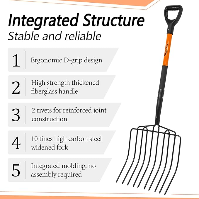 Pitchfork for Gardening, 10 Tines Pitch Fork with Non-Slip Handle, Heavy Duty Pitch Fork for Mulching, 45 Inches