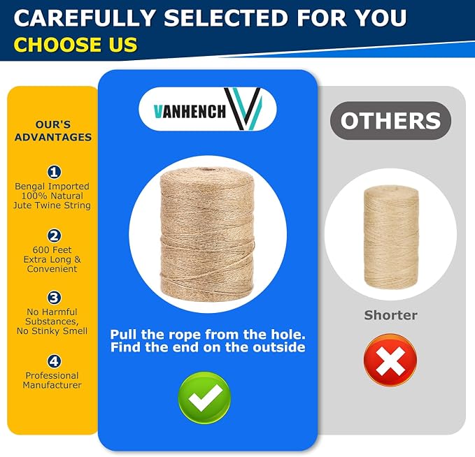 Vanhench 600Feet Natural Jute Twine String, Bulk Hemp Jute Rope Cord Twine - Image 2