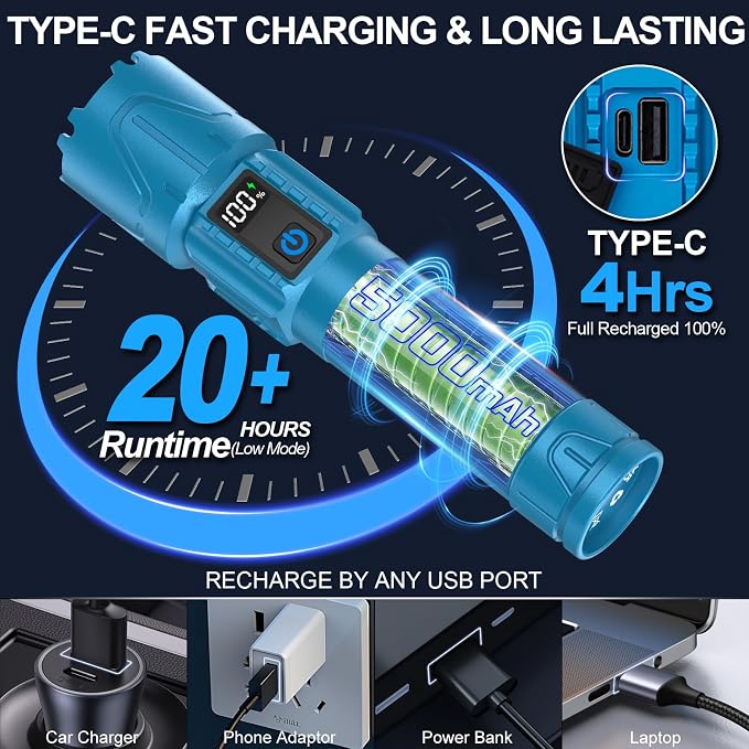 Rechargeable Tactical Flashlights 2000 High Lumens - 5000mAh Super Bright LED - Image 6