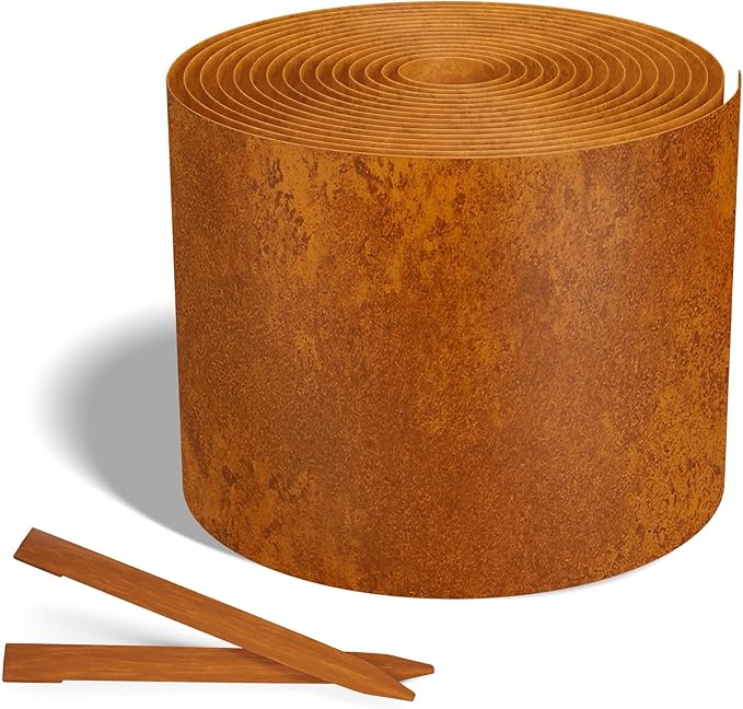 Worth Galvanized Steel Landscape Edging 4.5" x25' Metal Garden Edging Roll Flexible Bender Border with 8Pcs Stakes for Lawn, Flower Bed Edges, Rust-Like Color