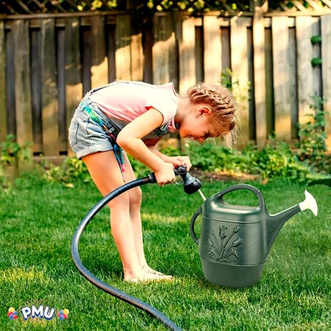 PMU 2 Gallon Watering Can - Garden Watering Can for Indoor & Outdoor Plants - Plastic Water Can with Detachable Sprinkler Head - Large Water Pot, Made in USA - Hunter Green Pkg/6