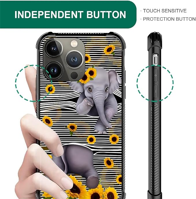 for iPhone 14 Pro Case, Cute Little Elephant Sunflower White Line Art Pattern - Image 5