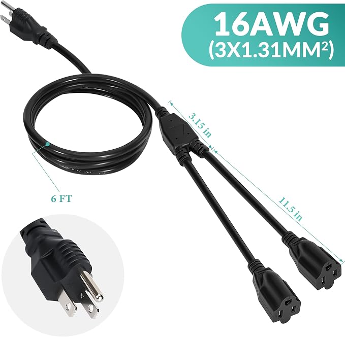 2 Way Power Cord Splitter Cable 6 Ft-3 Prong 1 to 2 Extension Cord-Outlet - Image 7