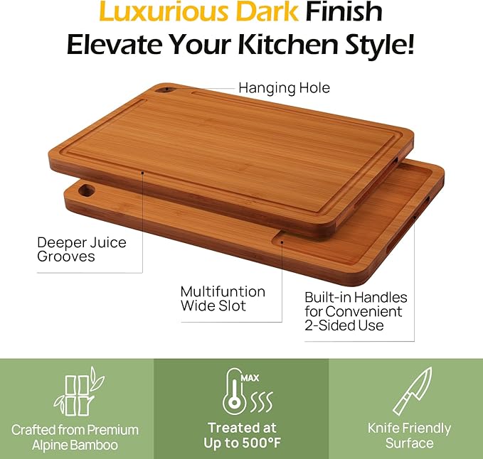 Butcher Block 2-Pcs Carbonized Bamboo Cutting Board Set With Juice Groove For Meal Prep & Cheese Serving - Ideal Kitchen Gift Set of 2 (M+L)