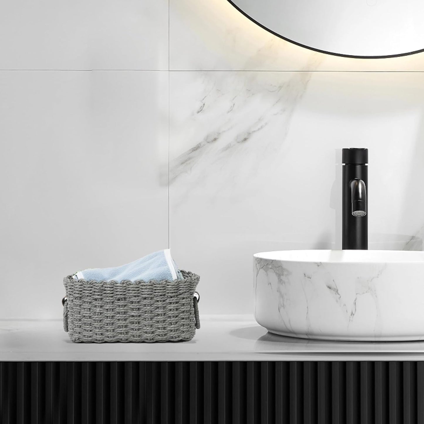 Small baskets for Organizing,Cute woven Storage basket with recycled paper rope for Shelves Bathroom,Little decorative basket,Set of 3 (Dark Grey)