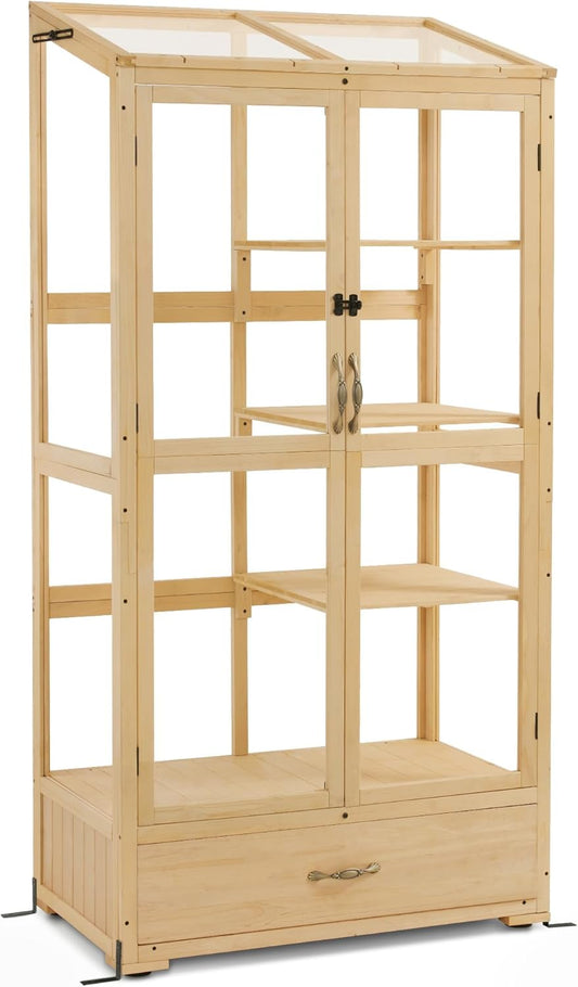 Macrout Cold Frame Greenhouse, Tall Wooden Greenhouse for Outdoor Indoor Use with Polycarbonate Panels, 3 Tier Garden Cold Frame with Drawer and Shelves, 0864 (Natural)