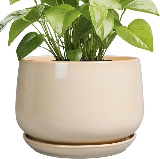 G EPGardening Ceramic Plant Pots - 9 Inch Round Planter, Ceramic Flower Pots with Drainage and Saucer, Modern Indoor Outdoor Planter, Room Decor, Home Gifts, Beige