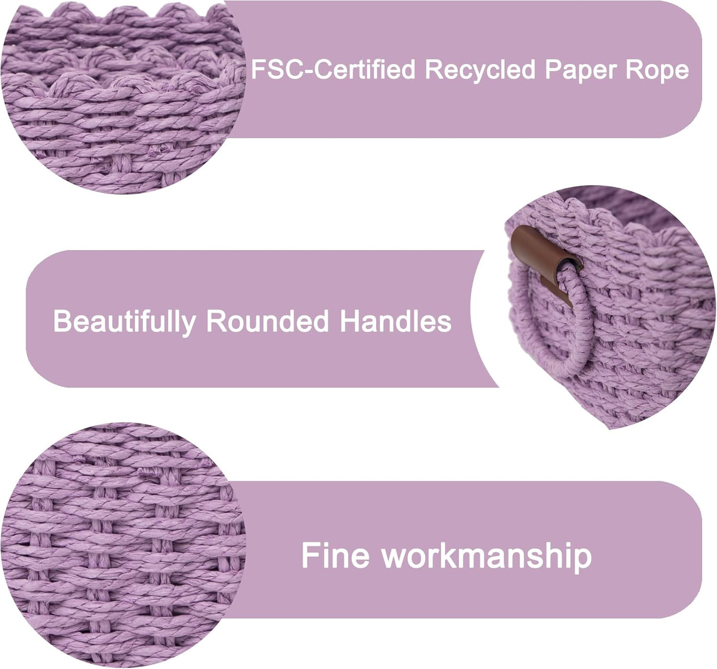 Small baskets for Organizing,Cute woven Storage basket with recycled paper rope for Shelves Bathroom,Little decorative basket,Set of 3 (Purple)