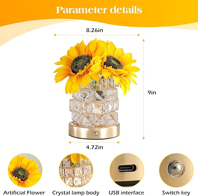 AMWGIMI Sunflowers Flower Lamp, Rechargeable Cordless Touch Table Lamp - Image 4