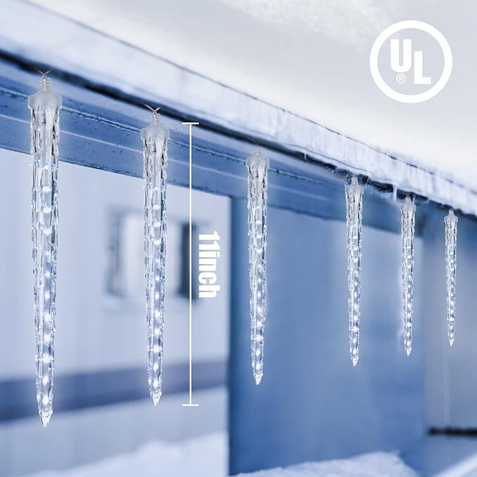 Christmas Icicle Lights Outdoor, 10Ft Meteor Shower Lights with 10 Ice Shaped Tube, Snowfall Shooting Star Light Effect, Falling Crystal Christmas Decorations for House Eave Roofline, Cool White