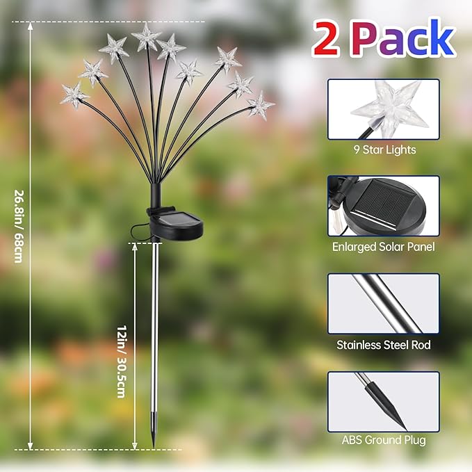 4th of July Decorations Solar Garden Lights, Fourth of July Red White and Blue Light Solar Lights Outdoor, Waterproof Patriotic Decor with 9 LED 2 Lighting Modes for Independence Day, 2 Pack
