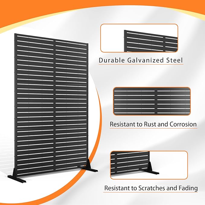 Metal Privacy Screen with Stand 72" H×47" W Outdoor Freestanding Privacy Screen & Panels, Outdoor Privacy Screen for Deck Patio Balcony(Black-Louvered)