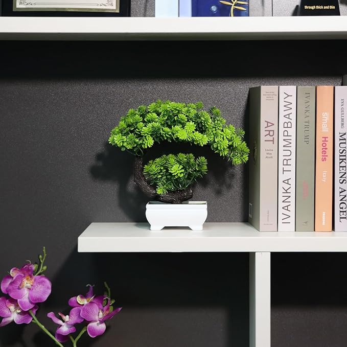 Small Artificial Plants Greenery Desktop Bonsai - Green Plastic Fake Plants for Home Decor, Indoor Bookshelf, Office Desk and Bathroom Room Decor, Tall 8.5"