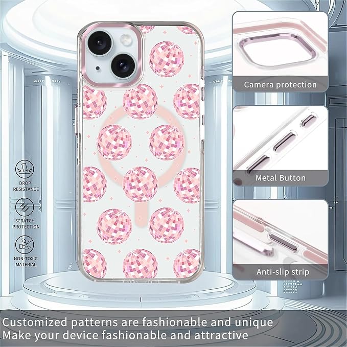 Case for iPhone 13/14, Disco Balls Pink Phone Case Design，for Women Girls - Image 2