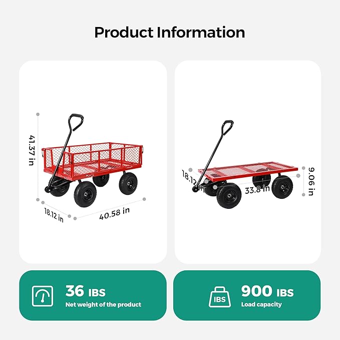 SUNNYFEEL 900 Lbs Capacity Heavy Duty Mesh Steel Garden Cart,Folding Utility Wagon with Removable Sides,10 Inch Flat Free Tires, Red