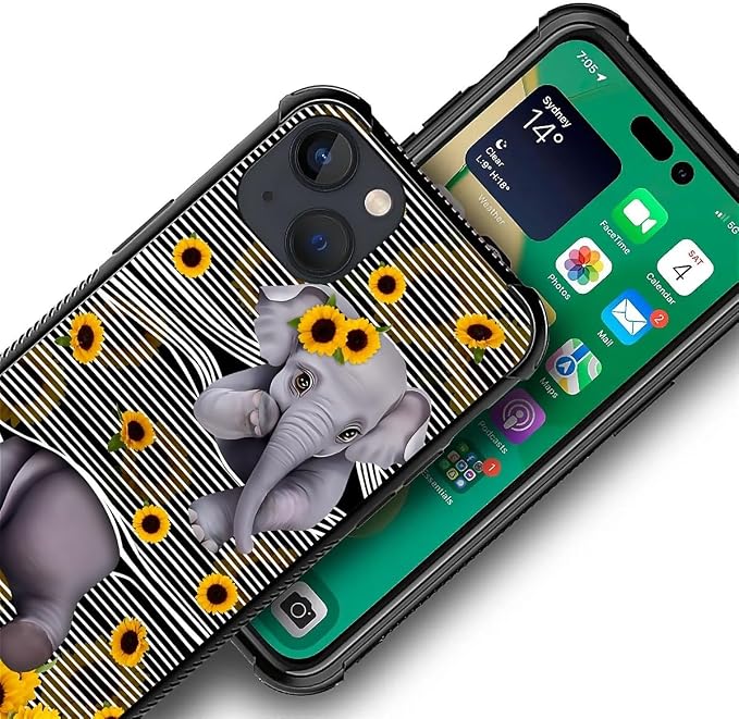 for iPhone 14 Case, Cute Little Elephant Sunflower White Line Art Pattern - Image 2