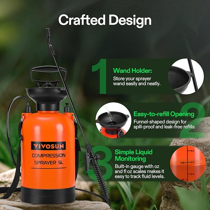 VIVOSUN 1.35-Gallon Pump Pressure Sprayer, Pressurized Lawn & Garden Water Spray Bottle with Adjustable Shoulder Strap, for Spraying Plants, Garden Watering and Household Cleaning