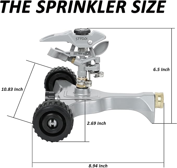STYDDI Metal Pulsating Sprinkler on in-Series Metal Wheeled Base, Adjustable Circular Water Sprinkler for Medium to Large Circular Lawn, Yard, Garden and Large Areas, Coverage up to 6,360 Sq. ft