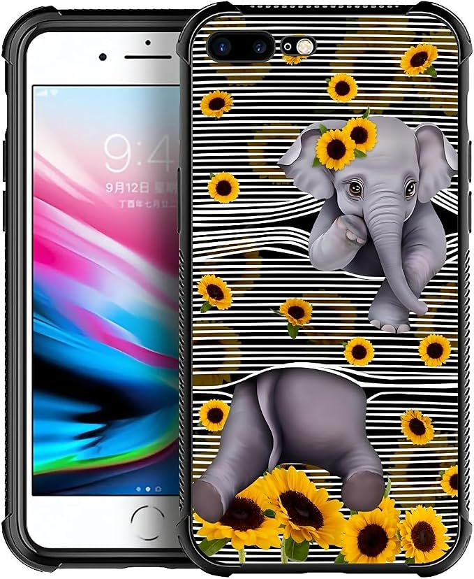 Case for iPhone 7 Plus/8 Plus, Cute Little Elephant Sunflower White Line Art by FKBRCL4U