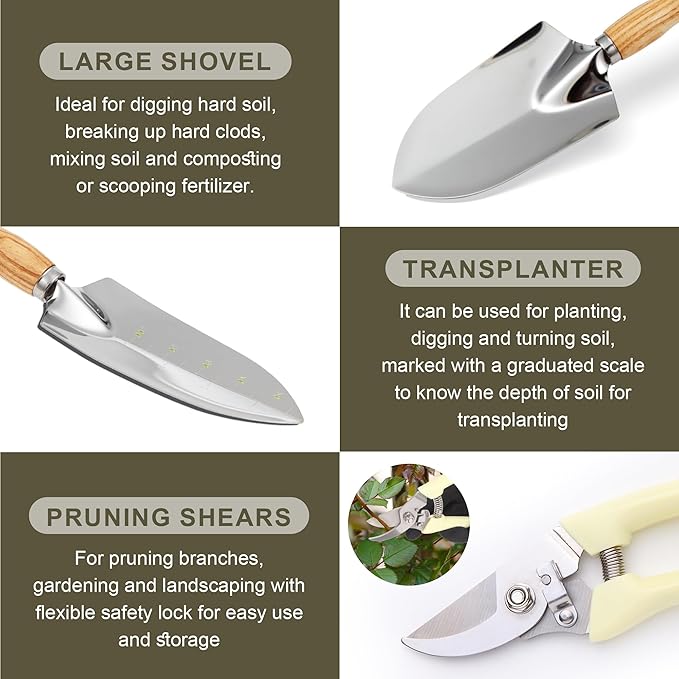 Gardening Tools Set of 9 Garden Hand Tools with Wooden Handles with Garden Bag for Tools Durable Hand Tools for Gardening,Weeding,Ideal Gifts for Women,Men,Parents and Grandparents