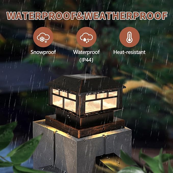 Solar Post Lights Outdoor, 20LM Fence Post Cap Lights, Waterproof, 2 Light Modes, Fit 3.5x3.5in 4x4in 5x5in Wooden Post, Solar Power Deck Lights for Garden Deck Patio Decoration(Bronze 4Pack)