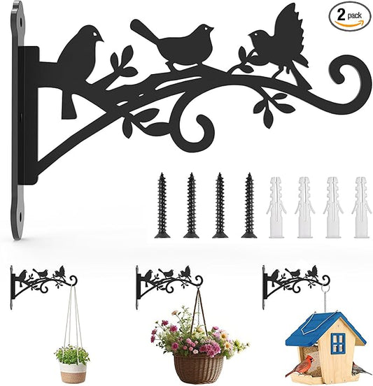 Metal Hanging Plant Bracket with Birdie Pattern 2 Pack – Heavy Duty Plant Hooks for Hanging Flower Baskets，Plants, Bird Feeder, Wind Chime - Indoor/Outdoor Use，Black Matte Texture (12 in)