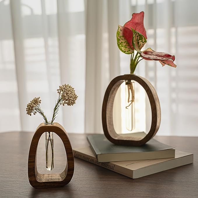 Modern Wooden Glass Test Tube Vase - Desk Plant Decor, Suitable for Home and Office Use