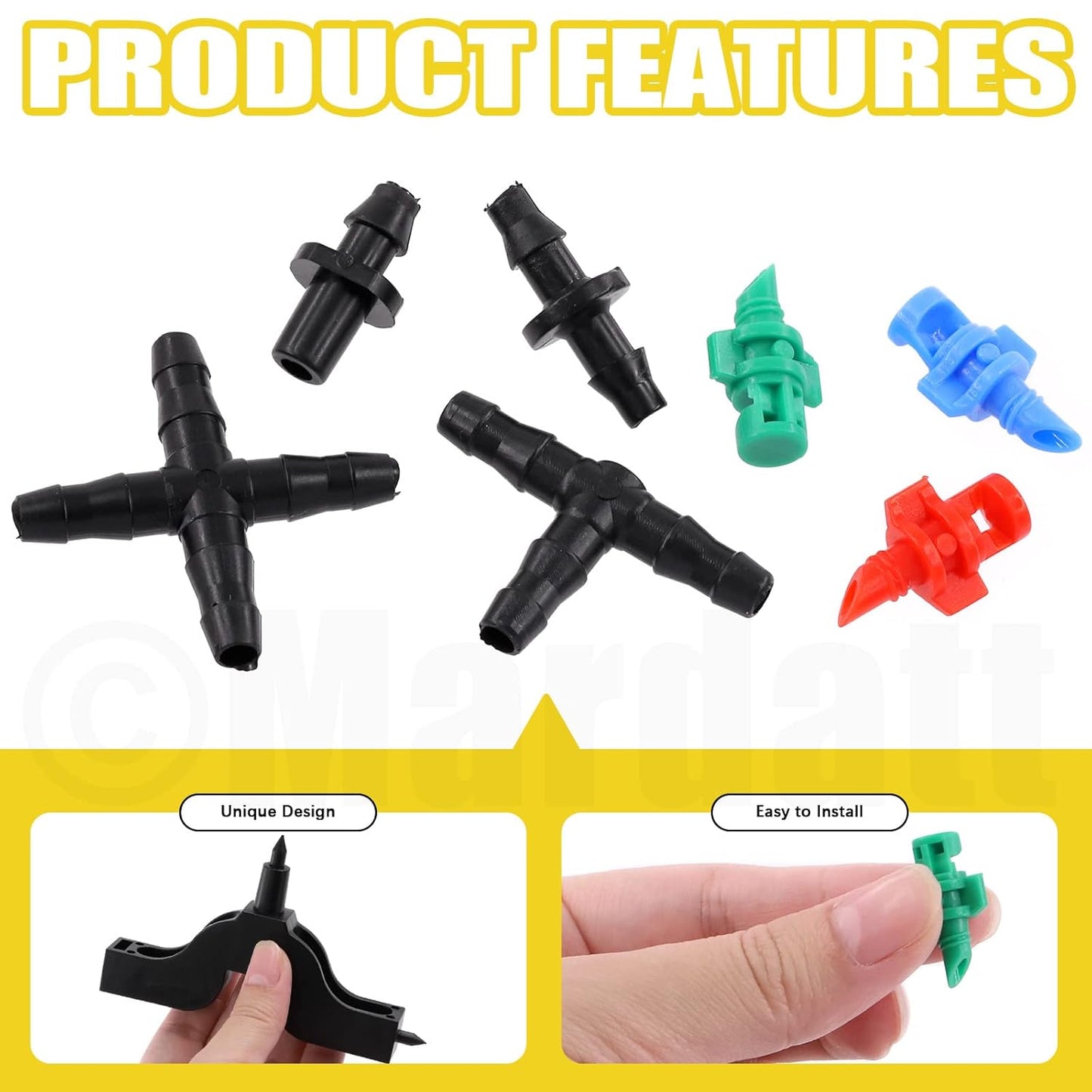 152Pcs Drip Irrigation Barbed Connectors Fittings Kit for 1/4" Tubing Includes 90/180/360 Angle Atomizing Sprinkler Sprayer and Barbed Connector for Agriculture Hydroponic Garden Lawn