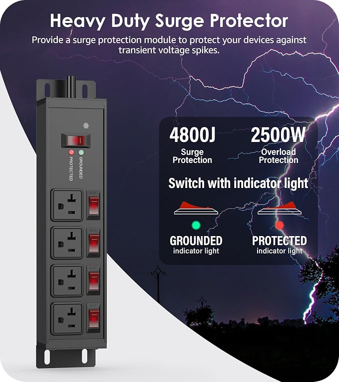 CCCEI Heavy Duty Surge Protector Power Strip 20 Amp Individual Switches. 10FT - Image 2
