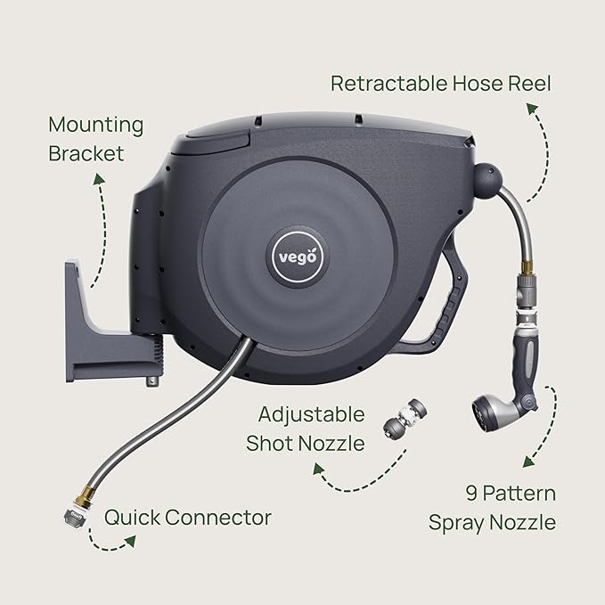 Vego Garden Hose Reel Retractable Hi-Flow x 100ft Wall Mounted Hose Reel Automatic Rewind, Any Length Lock with 9 Patterns Sprayer Nozzle, Quick Connector and Adjustable shot Nozzle-Cloud White