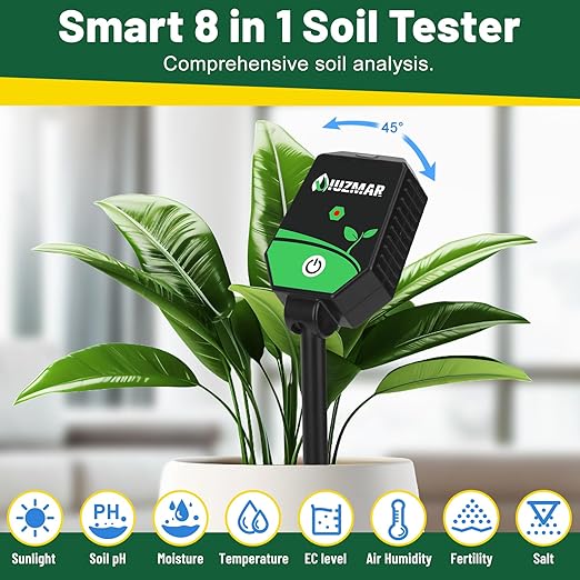 Soil pH Meter Soil Moisture Meter 8 in 1 Fertility Salt Moisture pH EC Light Humidity Temp Accurate Soil pH Test Kit for Garden and Hydroponics