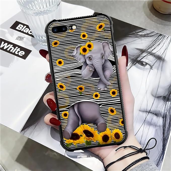 Case for iPhone 7 Plus/8 Plus, Cute Little Elephant Sunflower White Line Art - Image 7