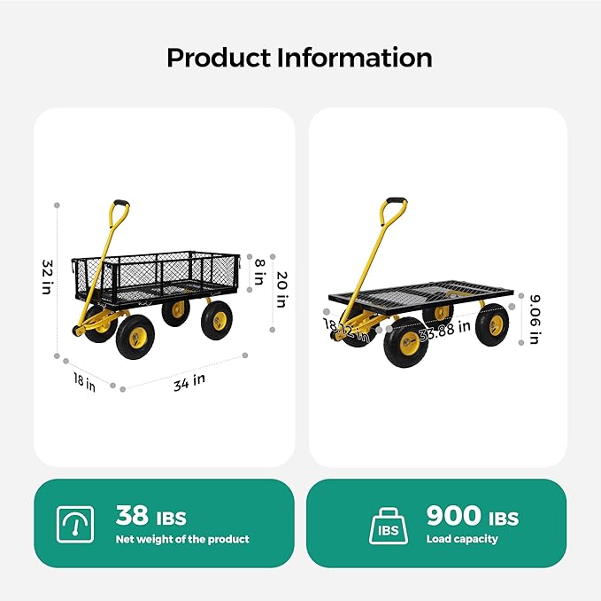 SUNNYFEEL 900 Lbs Capacity Heavy Duty Mesh Steel Garden Cart, Folding Utility Wagon with Removable Sides,10 Inch Flat Free Tires, Black & Yellow