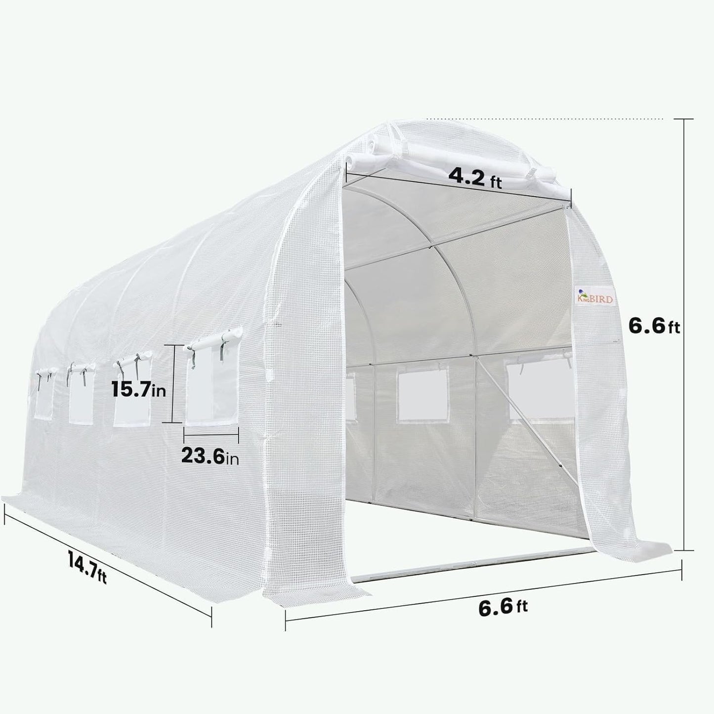 KING BIRD Premium 15x6.6x6.6FT Greenhouse for Outdoors, Large Walk-in Heavy Duty Galvanized Steel Frame, Mesh Door Screen Window Upgraded Zipper Tunnel Hoop for Garden Plant Winter, White