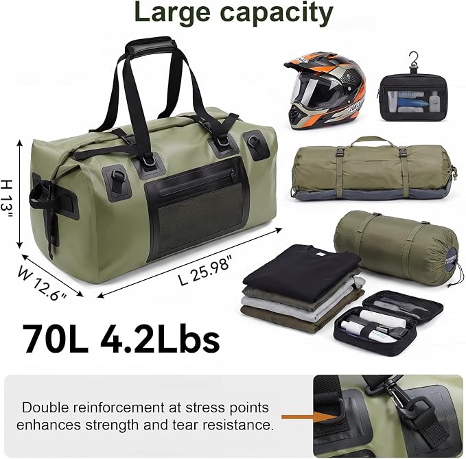 Waterproof Duffel Bag, 70L Large Motorcycle Dry Backpack, Heavy-Duty Roll Top - Image 2