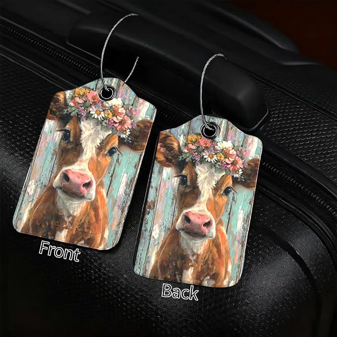 2 Pack Cute Cow Luggage Tags, Floral Cattle & Highland Cow ID Tags - Image 2