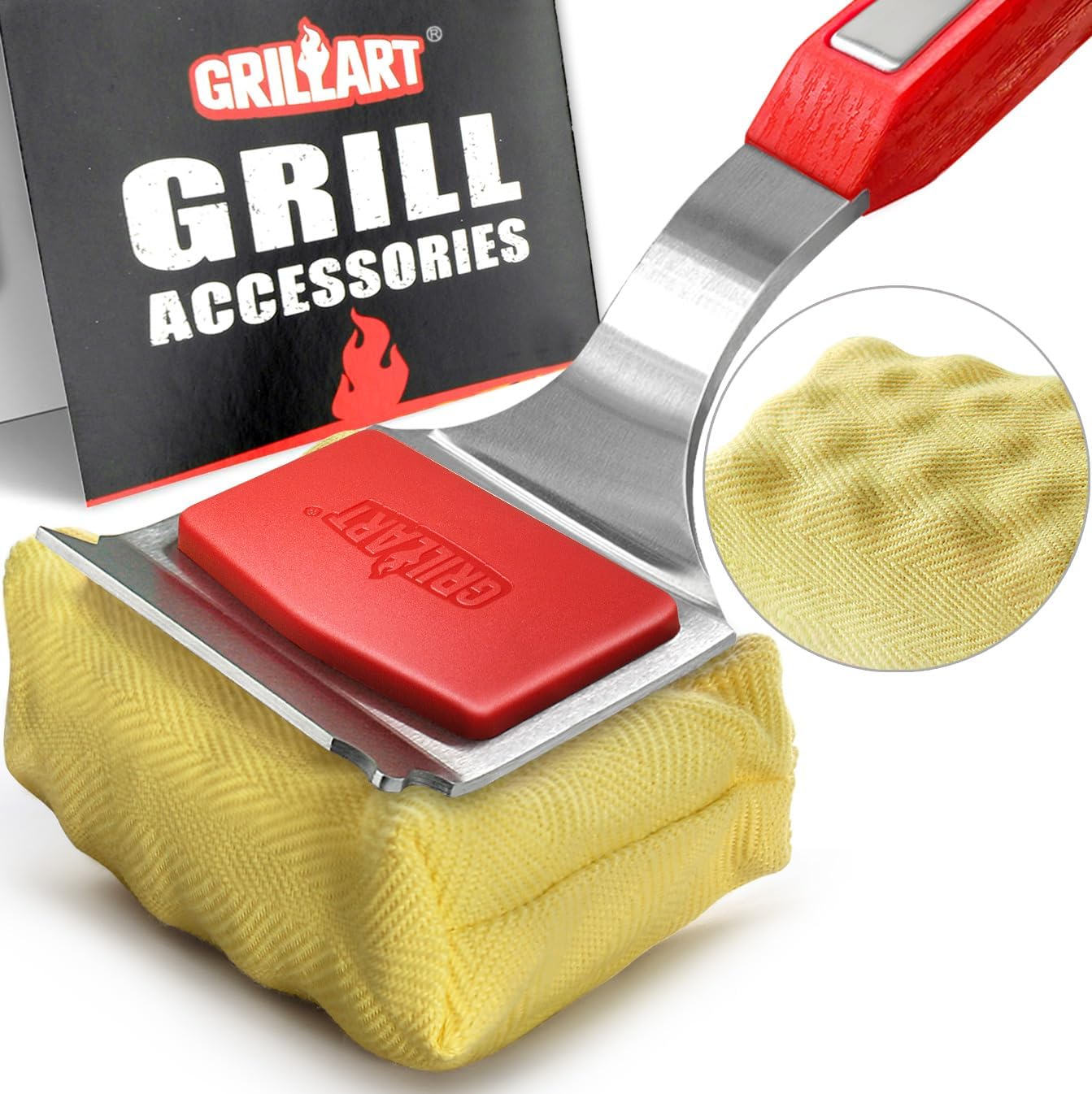GRILLART Grill Brush Bristle Free. SteamWizards BBQ Replaceable Cleaning Head, Unique Seamless-Fit Scraper Tool for Cast Iron/Stainless-Steel Grates, Safe Barbecue Grill Cleaner-Red