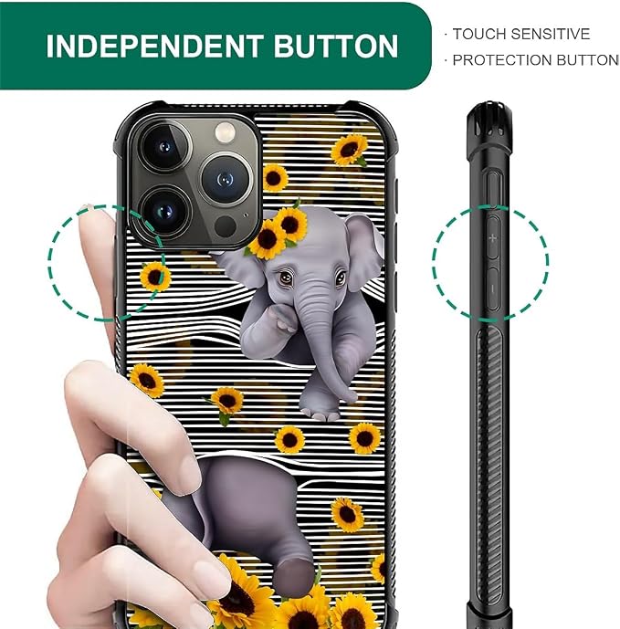 for iPhone 16 Pro Max Case, Cute Little Elephant Sunflower White Line Art - Image 4
