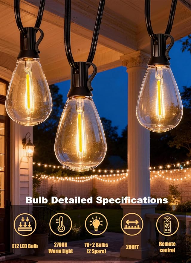 200FT Outdoor String Lights Waterproof, 76+2 Shatterproof S11 LED Bulbs - Image 3