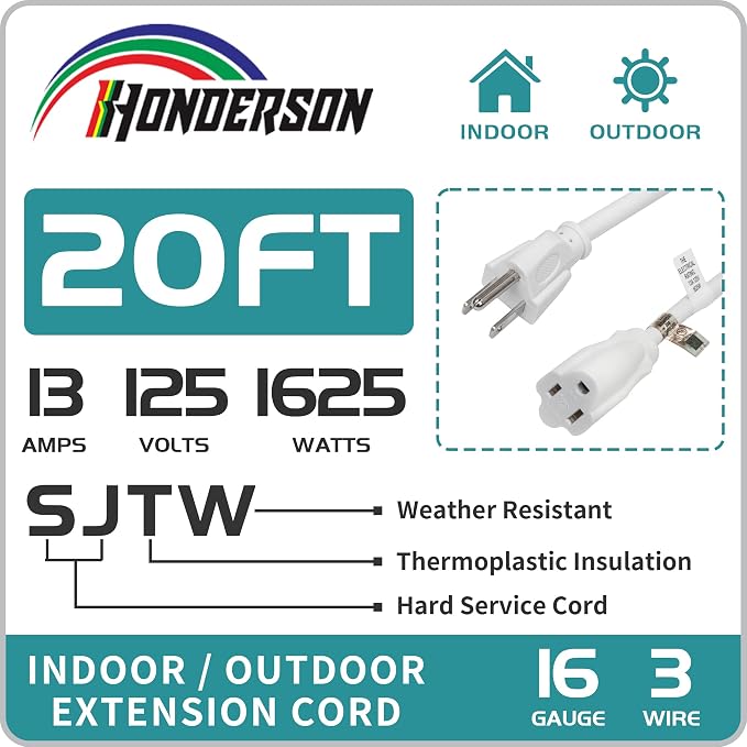 Indoor Outdoor Extension Cord Weatherproof, UL Listed, 16 Gauge 20FT White 3 - Image 3