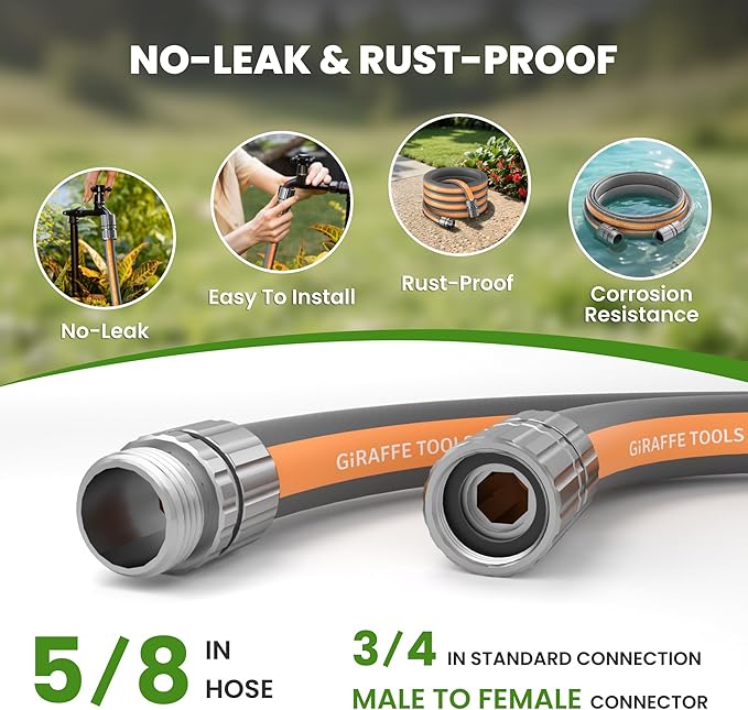 Giraffe Tools Garden Hose 75FT, 5/8" Lightweight Lay Flat Water Hose, Custom Length, Flexible, Leakproof Hybrid Hose Pipe with Male to Female Fitting