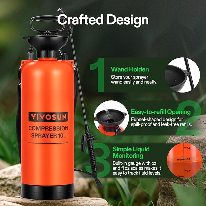VIVOSUN 2.64-Gallon Pump Pressure Sprayer, Pressurized Lawn & Garden Water Spray Bottle with Adjustable Shoulder Strap, for Plants Spraying, Garden Watering and Household Cleaning