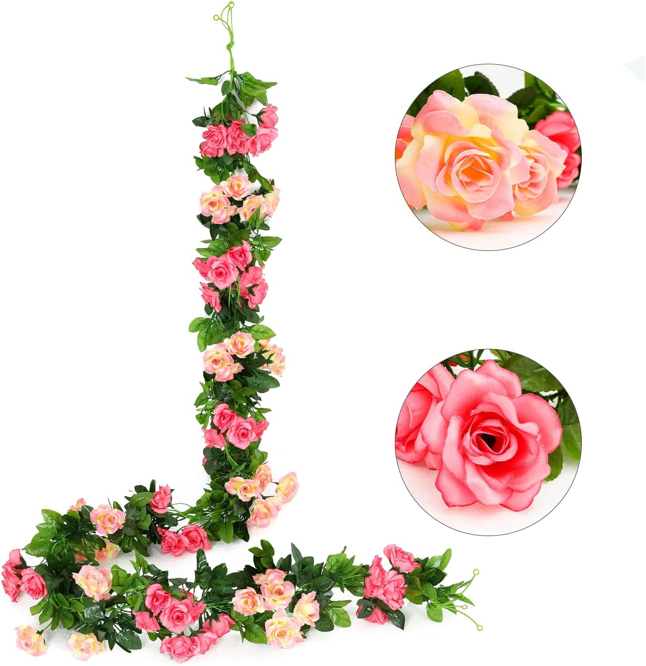 JUSTOYOU Artificial Rose Garland Vines Pink Flowers Hanging Silk Rose Vine for Wedding Home Office Arch Arrangement Decoration 7.6FT(2PCS)