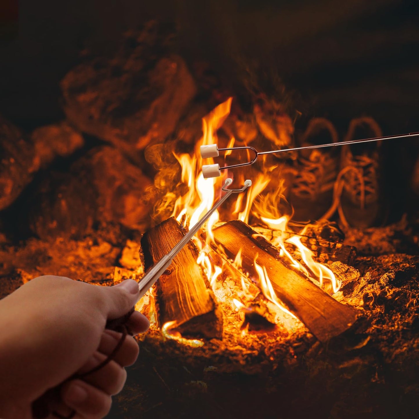 Marshmallow Roasting Sticks for Fire Pit with Wooden Handle, 41 Inches Long, Telescoping SUS304 Stainless Steel Marshmallow Skewers, Extendable Hog Dog Campfire Roasting Sticks, Camping Accessories