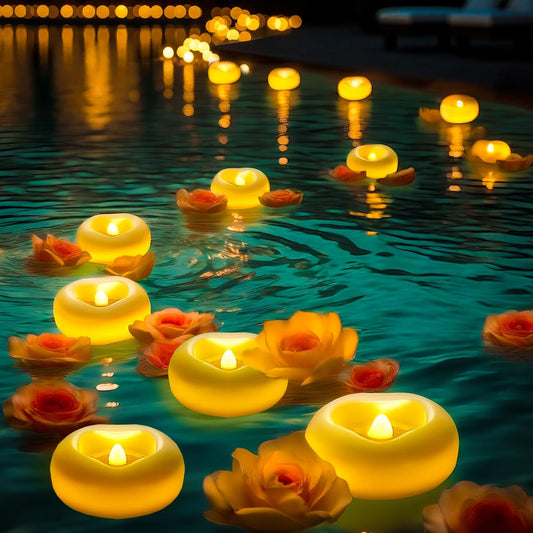 24 x 2”Floating Candle, 200 Hour Water Activated Warm White Battery Powered Flameless LED Floating Candle Floating for centerpieces/Bathtub/Pool/Fountain
