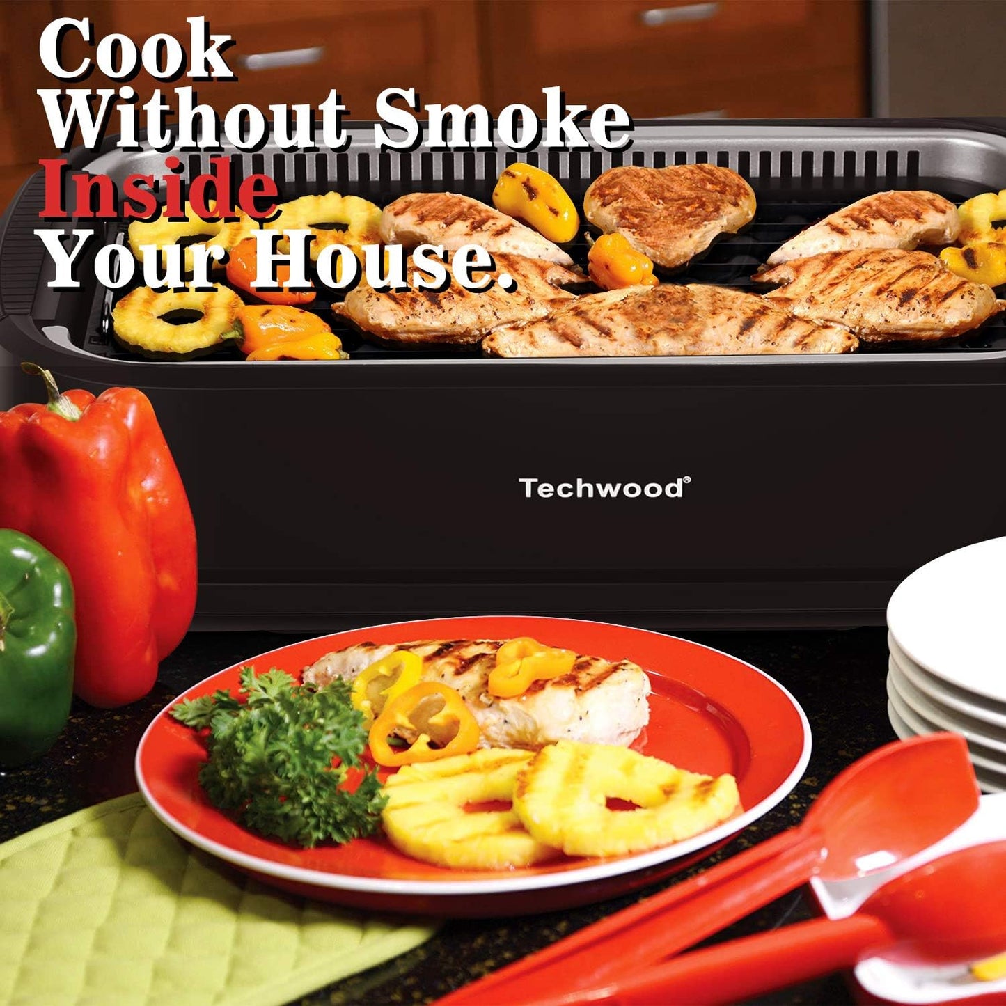 Techwood 1500W Smokeless Indoor Electric Grill with Non-Stick Plates and Tempered Glass Lid - Korean Grill with Temperature Control